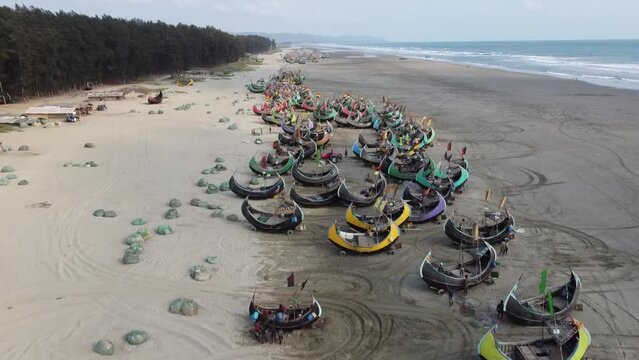 Aerial View of Fishing Boats Docked on the Beach in Cox's Bazar, Bangladesh
