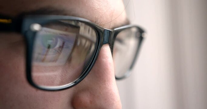 Side Close Up Reflection Graphics Diagrams Businessman Male Glasses Work 4k Office Routine Laptop Hacker.