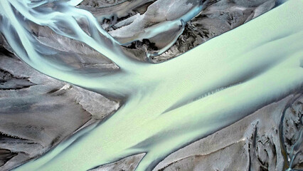 River delta in Iceland abstract view from above.