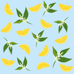 Summer seamless pattern with yellow lemon slices, green leaves and small light flowers on a light blue background in a flat style