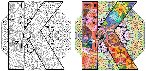 Letter K monogram, engraving design on mandala for coloring. Vector illustration. Color and outline set