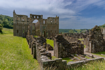 view of the historic English Heritage site and Rievaulx Abbey in North Yorkshire