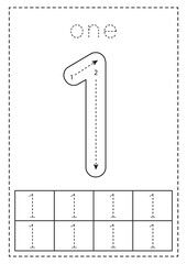 Tracing number one. Preschool worksheet. Black and white.