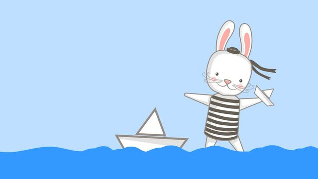 

Funny animals. Cute bunny launches paper boats. Animation, cartoon.