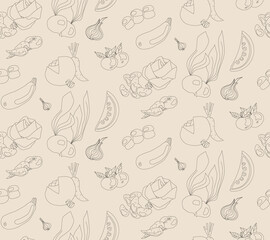 Vegetables and fruits vector illustration background. Linear graphic. Healthy food seamless pattern.