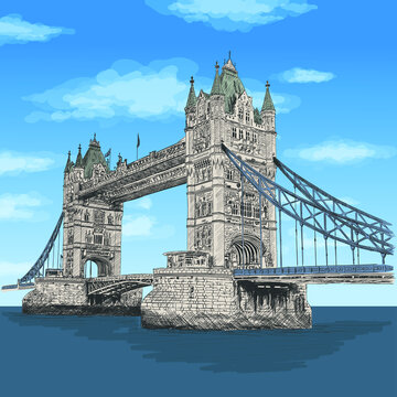 Tower Bridge in London across the River Thames. Color pencil sketch