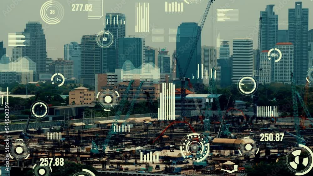 Poster construction technology concept with alteration graphic over construction site showing concept of au