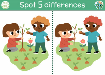 Find differences game. Ecological educational activity with cute children planting trees. Earth day puzzle for kids with funny character. Eco awareness or zero waste printable worksheet or page.