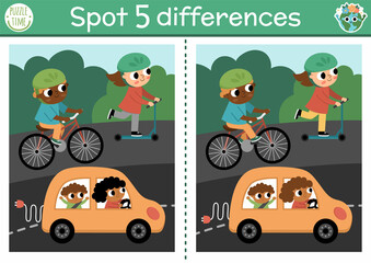 Obraz na płótnie Canvas Find differences game for children. Ecological educational activity with cute alternative transport. Earth day puzzle for kids. Eco awareness printable worksheet with electro car, bike, scooter.