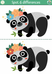 Find differences game for children. Ecological educational activity with cute panda. Earth day puzzle for kids with funny bear. Eco awareness printable worksheet or page with endangered animal.