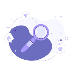 Flat vector illustration of magnifying glass with icons on abstract background. Search, planning, test, analysis, webinar or online education concept. Can be used for web banner, infographic, website,