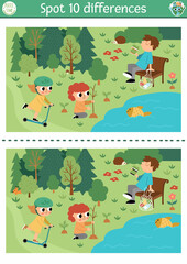 Find differences game for children. Ecological educational activity with cute nature forest scene, kids caring of environment. Earth day puzzle. Eco awareness printable worksheet.