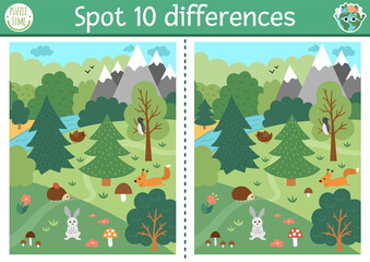Find differences game for children. Ecological educational activity with cute nature forest scene, animals. Earth day puzzle for kids. Eco awareness printable worksheet with endangered animal.