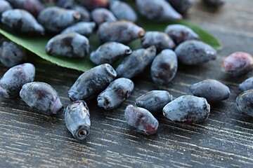 ripe blue honeysuckle berries scattered on a wooden table
