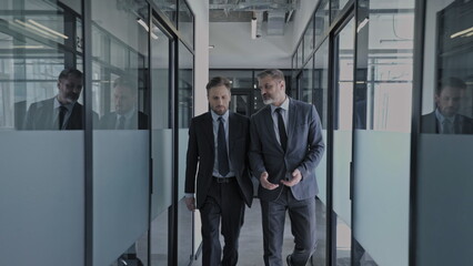 Two male colleagues walking in office corridor, discussing business tasks together