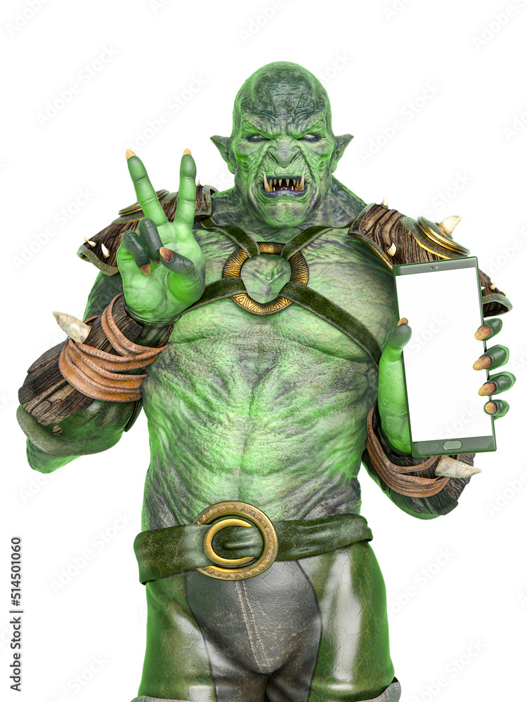 Wall mural orc warrior holding a cellphone and doing a peace and love pose - Wall murals