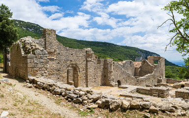 Romanesque cloister of the monastery in Sant Llorenç de Sous Garrotxa Girona Catalunya España.