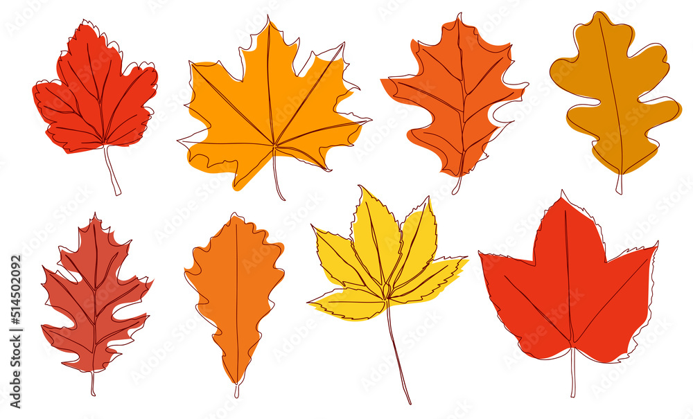 Wall mural a set of autumn leaves drawn with a continuous line. autumn leaf in one line style icon vector illus