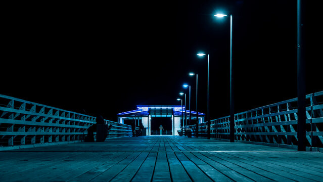 Beautiful historic Shorncliffe pier fomerly known as Sandgate Pier Nightscape in Queensland, Australia. Popular fishing spot in Queensland
