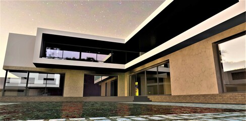 The long terrace of a luxury house above the pool. Modern design looks good at night. 3d render. Can be used as an advertising banner on real estate sites.