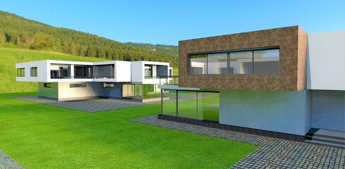 Two newly built suburban houses on a green field near a forest., 3d render.  Can be used for advertising of design or construction contemporary houses. 