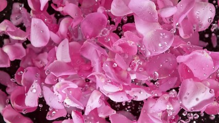 Super slow motion shot of flying pink rose petals and water drops isolated on black at 1000 fps. - Powered by Adobe