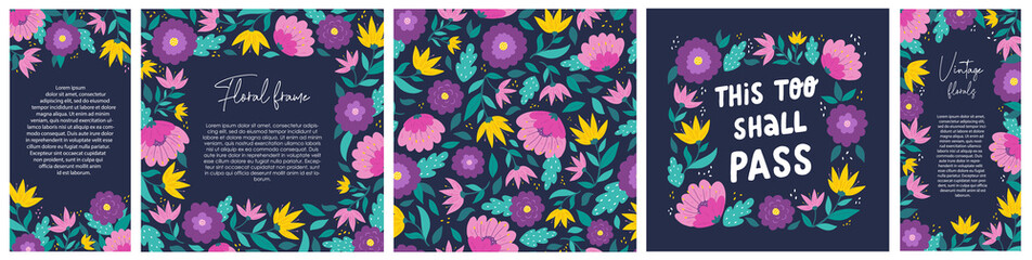 Set of banners, posters, invitations templates decorated with abstract flowers and leaves on blue background. Good for greeting card, invitation design. EPS 10