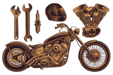 Motorcycle, motorcycle helmet, motor, spark plug, wrenches. Design set. Editable hand drawn illustration. Vector vintage engraving. 8 EPS - 514503443