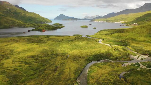 Aerial view of Shaishnikof River, Unalaska, Alaska, United States.