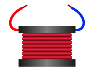 Grafika wektorowa przedstawiająca wizualizację cewki indukcyjnej. Widoczne są zwoje drutu miedzianego, u góry dwa przewody koloru czerwonego i niebieskiego. - obrazy, fototapety, plakaty