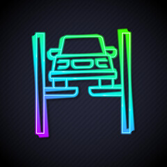 Glowing neon line Repair car on lift icon isolated on black background. Repair of the underbody, suspension, wheels and engine. Vector - obrazy, fototapety, plakaty