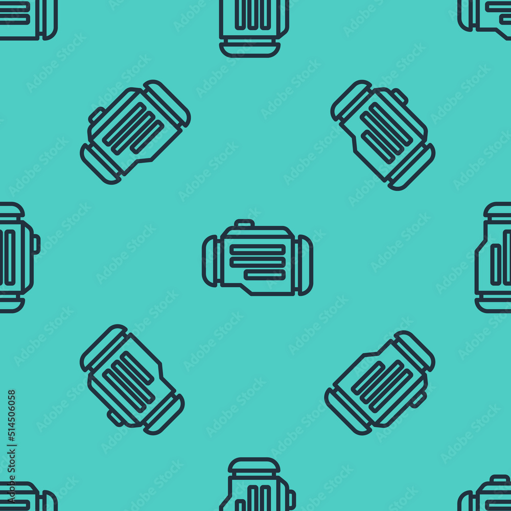 Poster black line check engine icon isolated seamless pattern on green background. vector