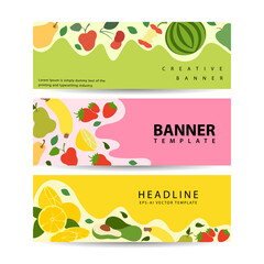 Fototapeta premium Template design with horizontal healthy food banner fruits, vegetables Vector illustration for market