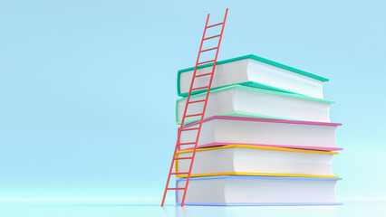 Colorful books on row with little ladder on blue background. Banner or flat design element. School banner with stack of books, book pile. Education day concept. 3d rendering illustration