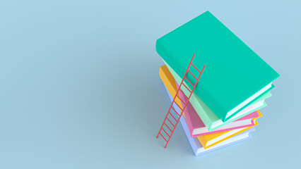 Colorful books on row with little ladder on blue background. Banner or flat design element. School banner with stack of books, book pile. Education day concept. 3d rendering illustration
