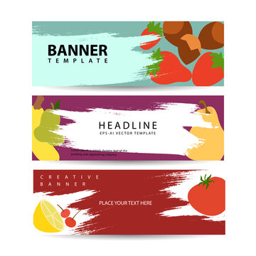 Set of three horizontal berries and fruits banners with colorful images of natural fruit slices with text vector illustration