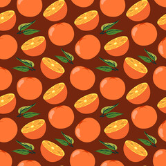 Seamless pattern of oranges and leaves. Fruit vector background. Seamless pattern texture design.