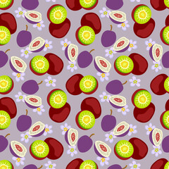 Seamless background with a pattern of ripe delicious sliced kiwi. Seamless pattern texture design.