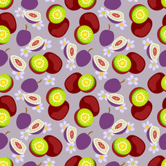 Seamless background with a pattern of ripe delicious sliced kiwi. Seamless pattern texture design.