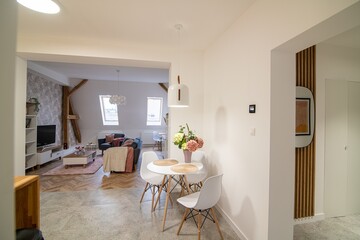 Living room in a modern apartment with a kitchenette and a place to watch TV
