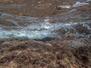 underwater blue ocean wide background with sandy sea bottom, Real natural underwater view of the Mediterranean Sea, undersea and underocean, under water empty swimming pool background with copy space.
