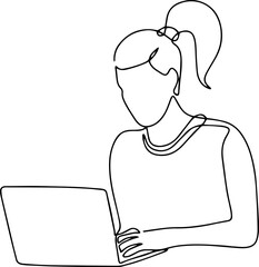 Girl student sits at a laptop and studies. One line vector illustration.