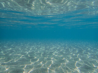 Tropical blue ocean with white sand underwater in Mediterranean Sea. Ocean background, underwater blue ocean background with sandy sea bottom, Blue deep water abstract natural background.