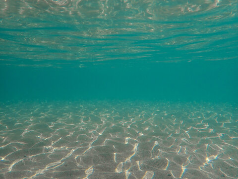 underwater blue ocean wide background with sandy sea bottom, Real natural underwater view of the Mediterranean Sea, undersea and underocean, under water empty swimming pool background with copy space.