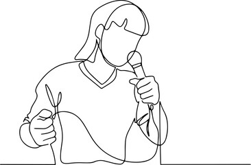 Girl singer performs songs with a microphone in her hands. One line vector illustration.