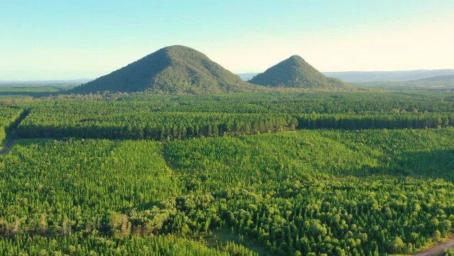 Aerial view of Mt Beerwah and Mt Coonowrin, Glass House Mountains, Sunshine Coast Hinterland, Queensland, Australia.