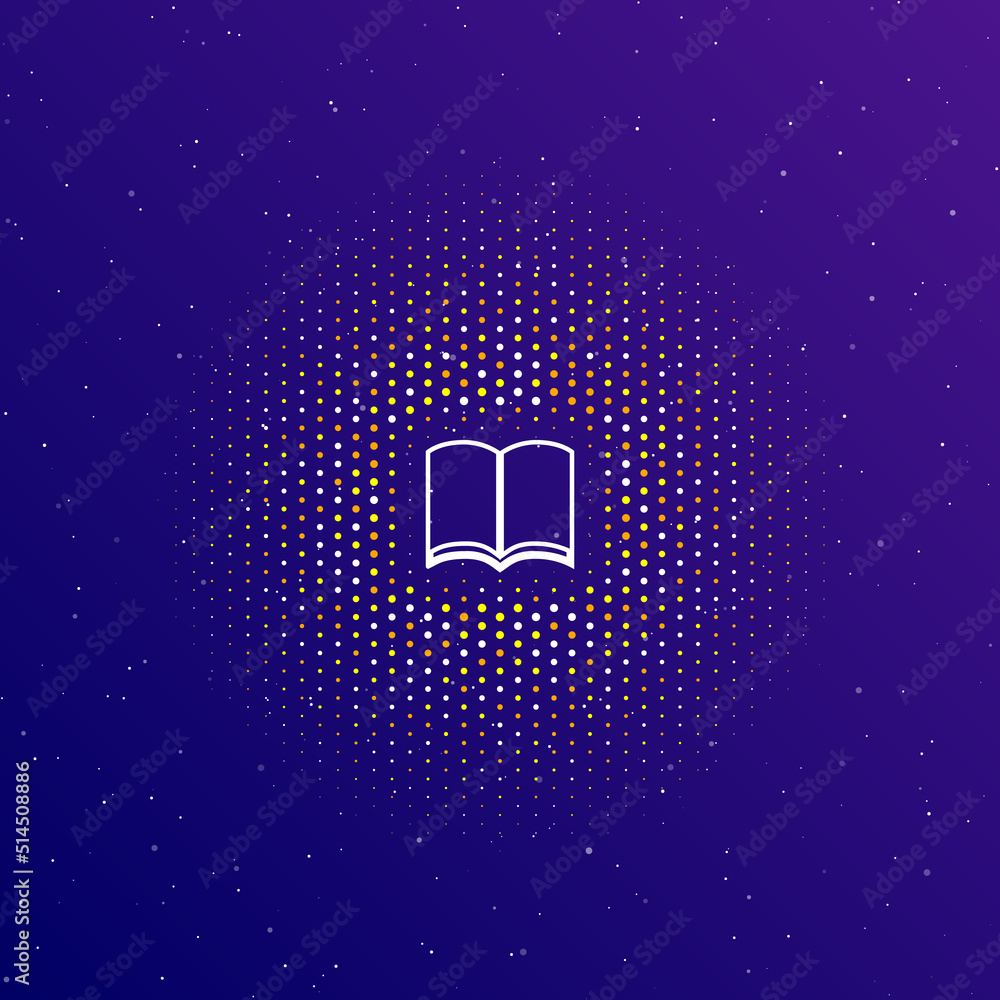 Poster a large white contour book symbol in the center, surrounded by small dots. dots of different colors 