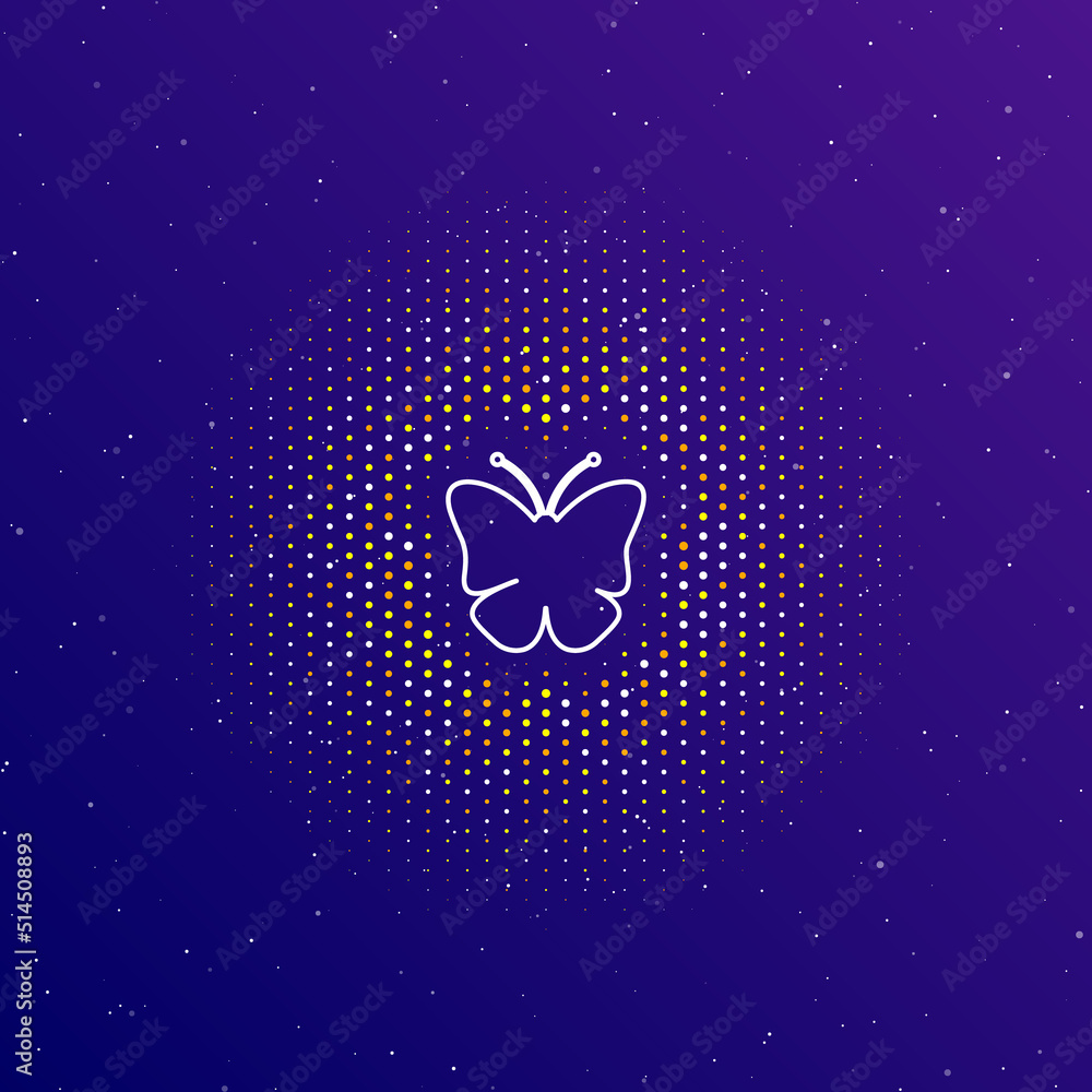 Poster a large white contour butterfly symbol in the center, surrounded by small dots. dots of different co