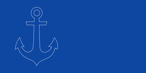 A large white outline sea anchor symbol on the left. Designed as thin white lines. Vector illustration on blue background © Alexey