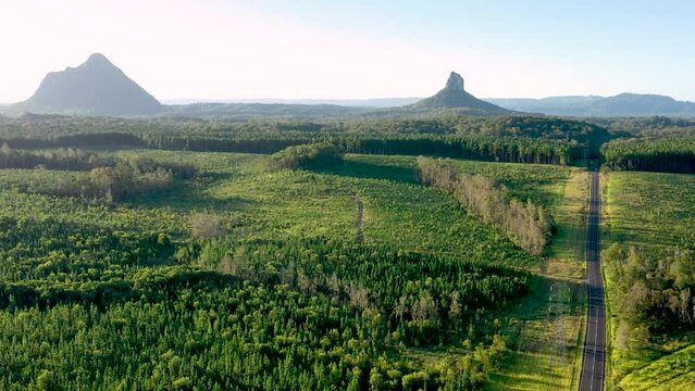 Aerial view of Mt Beerwah and Mt Coonowrin, Glass House Mountains, Sunshine Coast Hinterland, Queensland, Australia.